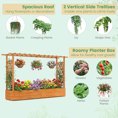 GIANTEX Raised Garden Bed with Trellis & Hanging Roof, Wood Planter Box with Bottom and Drainage Holes, Freestanding Garden Planter for Flower Vegetable Fruit Herb Climbing Vines (79" x 17.5" x 45") - size: 77"x14.5"x45"