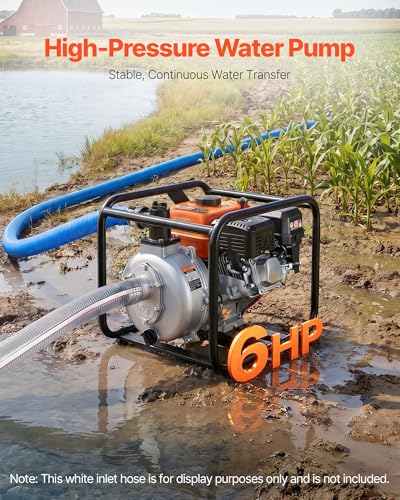 VEVOR Gas Powered Water Pump, 2 in, 128 GPM 6HP Semi Trash Water Transfer Pump Portable, Gasoline Engine with 25 ft Discharge Hose, Heavy Duty Frame, Cast Iron Impeller, for Irrigation, Ponds, Pools - size: 2in 6.0 HP 128GPM