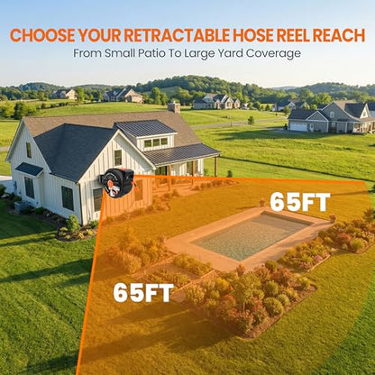 Retractable Garden Hose Reel, 65 ft x 1/2", Wall Mounted, 10-Pattern Nozzle - size: 65FT