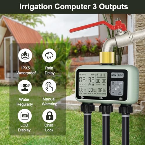 Watering Timer 3 Zone with Brass Inlet, Sprinkler Timer, Programmable Garden Outdoor Hose Faucet Timers with Rain Delay, Auto & Manual Watering System,Water Hose Irrigation Timers 3 Outlet for Garden - style: 3 Outlets with Brass Inlet