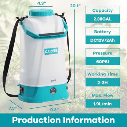 Garvee 2.38 Gal 12V Battery Powered Sprayer with Adjustable Shoulder Strap - size: 2.38Gal