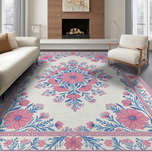 8'x10' Pink Toile Motif Way Flower Chinoiserie Washable Area Rug - color: Pink/Pattern 17, size: 8' x 10' (Rectangular)