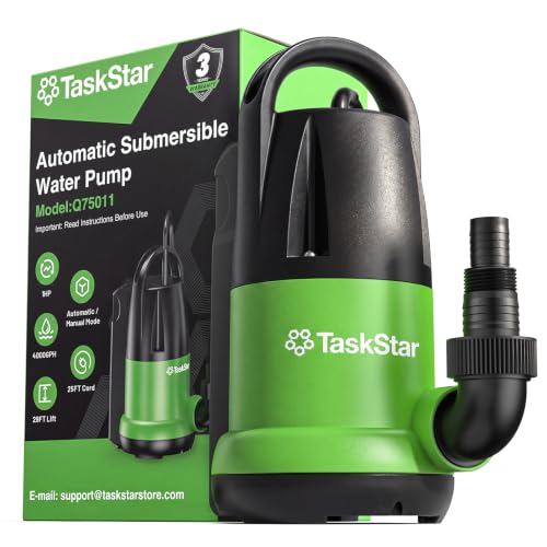 Taskstar 1 HP Submersible Water Pump, 4000 GPH High Flow for Pool Draining | Built-in Float Switch, Auto/Manual Modes, 25FT Cord Sump Pump for Swimming Pool, Flooded Basement, Hot Tub, Garden Pond - color: Green+black