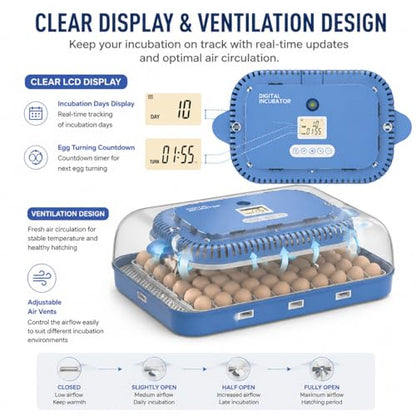 70 Egg Incubator for Hatching Eggs withAuto Turn, Temp & Humidity Control, Built-in CandleLarge Capacity Egg Incubator for Chicken Duck Goose Eggs