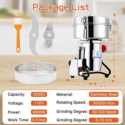 Electric Grain Mill Grinder 3000g High-speed Grain Spice Herb 4000W Dry Grinder Machine 304 Stainless Steel Superfine powder high-speed grain mill 36000r/min for Kitchen Home and Commercial - size: 3000G