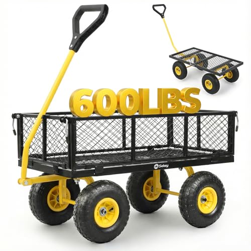 Sekey 600lbs Steel Mesh Garden Cart for Patio & Backyard, Utility Wagon with Removable Sides (Convertible Flatbed), 10" Rubber Tires, Black - color: Black, size: 600LBS