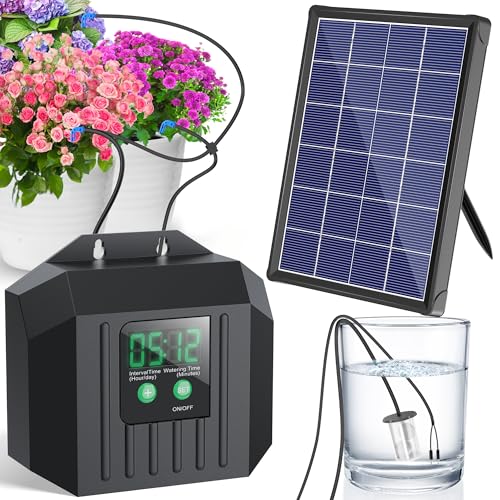 NFESOLAR 4W Solar Powered Automatic Drip Irrigation Kit with LCD Timer, Customizable Watering Duration 1–30min & Interval 3h–7d, Solar Irrigation System for 15 Potted Plants, Garden, Patio, Vacation