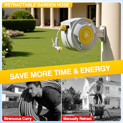 5/8" x 100 ft Retractable Garden Hose Reel, Heavy Duty Water Hose Reel - color: Yellow, size: 5/8in 100FT+6.5FT