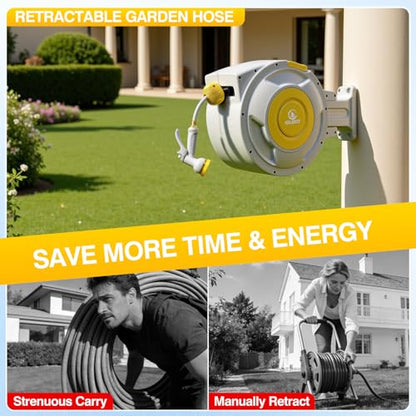 5/8" x 100 ft Retractable Garden Hose Reel, Heavy Duty Water Hose Reel - color: Yellow, size: 5/8in 100FT+6.5FT