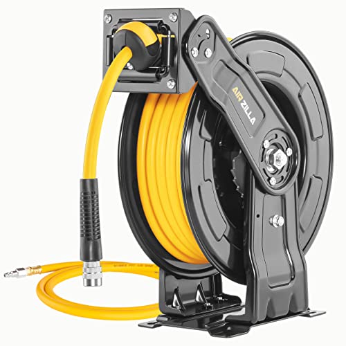 AIRZILLA Premium Steel Retractable Air Hose Reel With Dual Arm, 3/8"x65Ft Hybrid Polymer Hose, Heavy Duty Air Hose Reel included Auto Rewind Reel | Quick Air Coupler | Durable Double side Frame - color: 3/8"x65ft