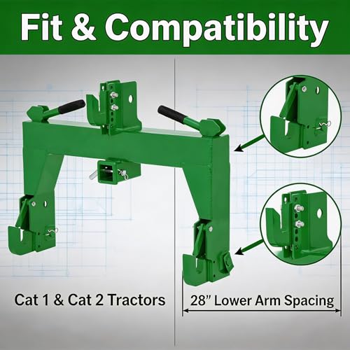 3-Point Quick Hitch for Tractors, 28 in Lower Arm Spacing, 3000 Lb Lift Capacity, 5-Position Adjustable Top Hook, Bolt-on No-Weld/No-Drill Adapter, Heavy-Duty 3x3 Steel, Powder-Coated Green - color: Green with Gloves