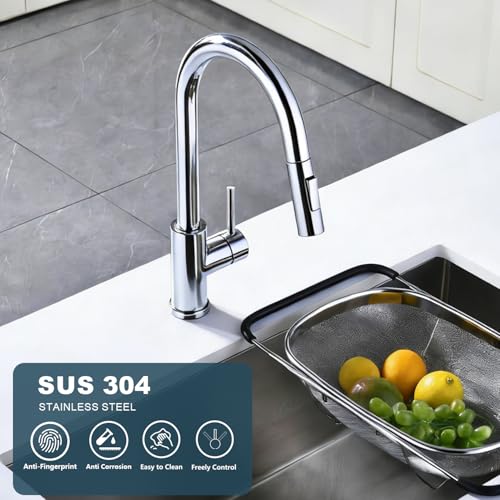 Tohlar Chrome Kitchen Faucets with Pull Down Sprayer and Deck Plate - color: Chrome, style: Standard