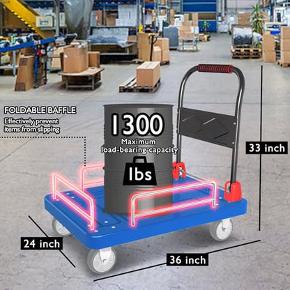 1300lbs Platform Truck with Brake Wheels & Foldable Fences - color: Blue, size: 36"x24"