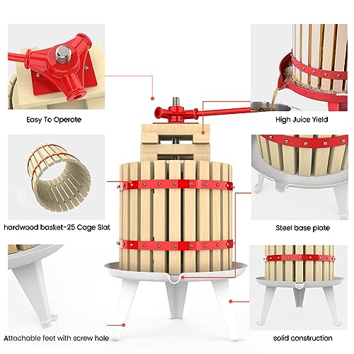 3.2 Gallon Fruit and Wine Press, Manual Cider Press with Solid Beech Wood Basket - color: Red, size: 3.2 Gallon