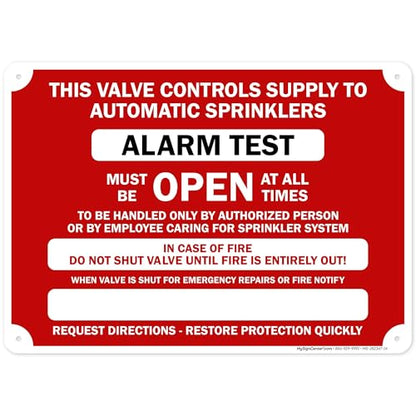 This Valve Controls Supply To Automatic Sprinklers Alarm Test Sign, 10x14 Inches, Rust Free .040 Aluminum, Fade Resistant, Made in USA by My Sign Center - size: 10x14 Aluminum