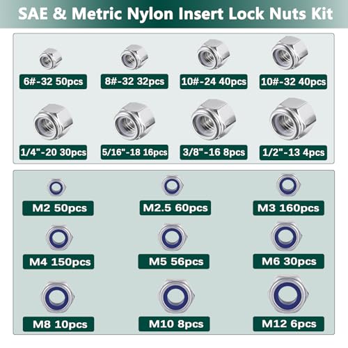 SAE & Metric Nylon Insert Lock Nuts Kit (750Pcs), Lock Nuts Assortment Kit - color: SAE & Metric 750PCS