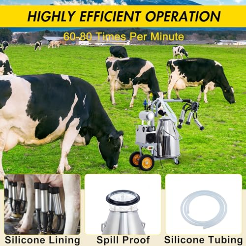 Portable Cow Milking Machine, Electric Milker with 25L Stainless Steel Bucket, 45–50 KPA Vacuum Milking Equipment for Small Farms, Silicone Cups & Tubes for Cows and Goats