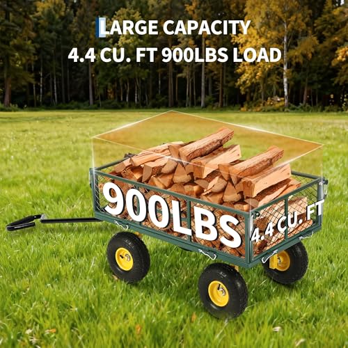 900 Lb Capacity Heavy Duty Steel Garden Cart – 2-in-1 Utility Wagon with Removable Mesh Sides, 10" All-Terrain Tires, Flatbed Conversion, 180° Rotating Handle – Perfect for Lawn, Garden & Backyard - color: Green