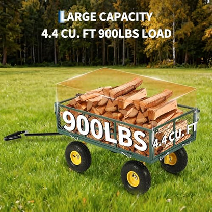 900 Lb Capacity Heavy Duty Steel Garden Cart – 2-in-1 Utility Wagon with Removable Mesh Sides, 10" All-Terrain Tires, Flatbed Conversion, 180° Rotating Handle – Perfect for Lawn, Garden & Backyard - color: Green