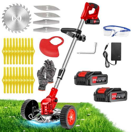 21V Cordless Weed Wacker with Wheels, 3-in-1 String Trimmer/Lawn Edger/Brush Cutter, 2x2.0Ah Battery & 3 Blades, Adjustable Height, Lightweight & Easy for Thick Weeds & Small Yards – Homeowner