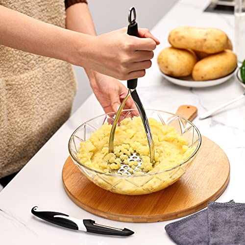 Joyoldelf Heavy Duty Stainless Steel Potato Masher with Potato Peelers, Masher Kitchen Tool & Food Masher/Potato Smasher with Silicone Handle, Perfect for Bean, Vegetable, Fruits, Avocado, Meat - color: Black+Peeler