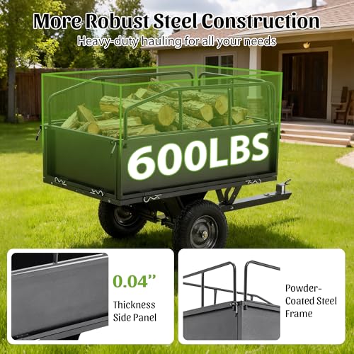 600/1500LBS Capacity 17/15 Cubic Feet Dump Cart Trailer, Heavy Duty Tow Behind Hauling & Dumping Wagon for ATV, UTV, Lawn Tractor and Garden Use