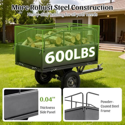 600/1500LBS Capacity 17/15 Cubic Feet Dump Cart Trailer, Heavy Duty Tow Behind Hauling & Dumping Wagon for ATV, UTV, Lawn Tractor and Garden Use