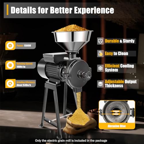 Electric Grain Grinder Mill,110V 1500W Commercial Corn Mill Grinder Machine Feed Mill Wheat Grinder, Thickness Adjustable Flour Mill Cereals Grinder with Stainless Steel Funnel 1400r/m - color: Dry & Wet Grinder All Black