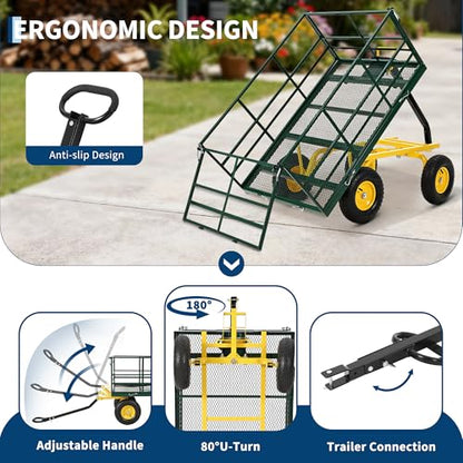 1500 lbs Heavy Duty Steel Garden Cart – 13-Inch All-Terrain Wheels, Removable Mesh Sides, Swivel Handle – Multipurpose Yard Wagon for Lawn, Farm, Tools, Firewood – Dark Green, Yellow Hubs, - color: Green