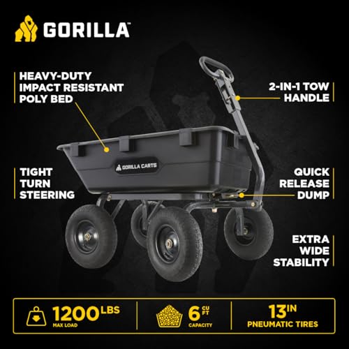 Gorilla Carts Poly Dump Cart, 1200 lb. Capacity, 6 Cu Ft - size: 6-Cubic Feet, style: Pneumatic