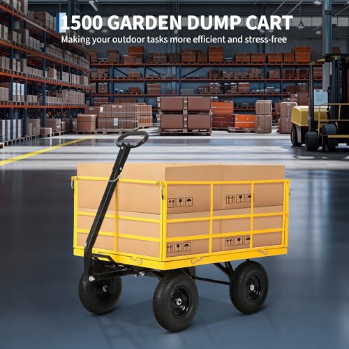 3-in-1 Heavy Duty Steel Garden Cart – 1500 lbs Utility Wagon with 13-Inch All-Terrain Wheels, Removable Mesh Sides, Swivel Handle – High Capacity Outdoor Trolley for Lawn, Farm, Tools – - color: Yellow