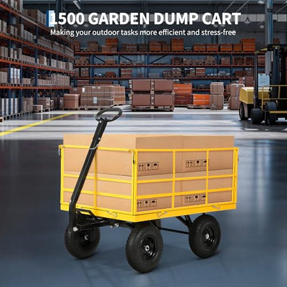 3-in-1 Heavy Duty Steel Garden Cart – 1500 lbs Utility Wagon with 13-Inch All-Terrain Wheels, Removable Mesh Sides, Swivel Handle – High Capacity Outdoor Trolley for Lawn, Farm, Tools – - color: Yellow