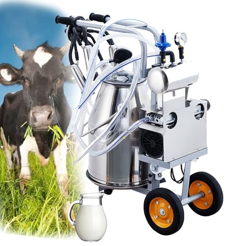 Electric Cow Milking Machine, 25 l Stainless Steel Bucket, Automatic Pulsation Vacuum Milker, Portable Milker with Food-Grade Silicone Cups and Tubes, Adjustable Pressure