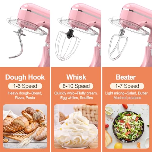 CEBORY 3-IN-1 Electric Stand Mixer, 6.5QT Bowl 660W 10-Speed Kitchen Mixer, Household Food Mixers include Dough Hook, Beater and Whisk, Bread Cake Mixer for Baking and Most Home Cooks, Pink - color: Pink