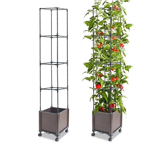 Quibbay Raised Garden Bed Planter Box with Trellis, 62.2" Self-Watering Tomato Planters for Climbing Plants Vine Flowers Outdoor Patio, Tomatoes Cage with Trellis Wheels for Outdoor, 1Pack - size: 4 Floors-11.8*11.8*62.2IN