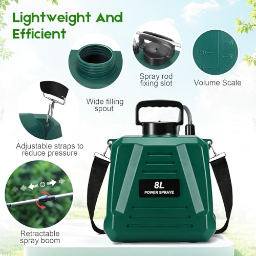 2 Gallon Battery Powered Sprayer,Electric Weed Sprayer 3 Mist Nozzles Yard - color: Green