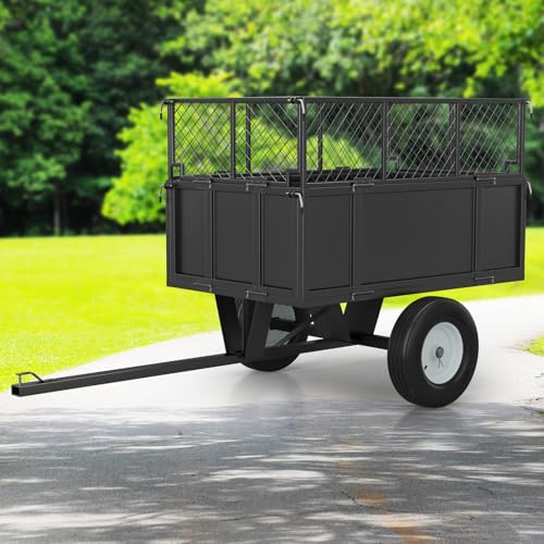 Jojoka Heavy Duty 750 lbs Steel Utility Dump Cart – 17 Cu.Ft Capacity – Removable Mesh Sides – Pneumatic Tires – Tow Behind for Lawn Tractor, Mower, ATV, Farm & Landscaping – Black