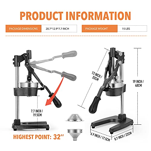 19 Inch Height Extra Tall Commercial Heavy Duty Cast Iron Hand Press Manual Orange Citrus Lemon Lime Grapefruit Pomegranate Fruit Juice Squeezer Machine with Stainless Steel Cup Black - color: Black, size: 19 Inch