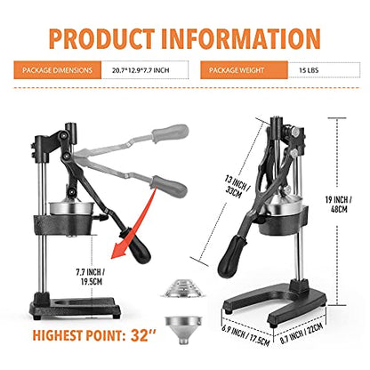 19 Inch Height Extra Tall Commercial Heavy Duty Cast Iron Hand Press Manual Orange Citrus Lemon Lime Grapefruit Pomegranate Fruit Juice Squeezer Machine with Stainless Steel Cup Black - color: Black, size: 19 Inch