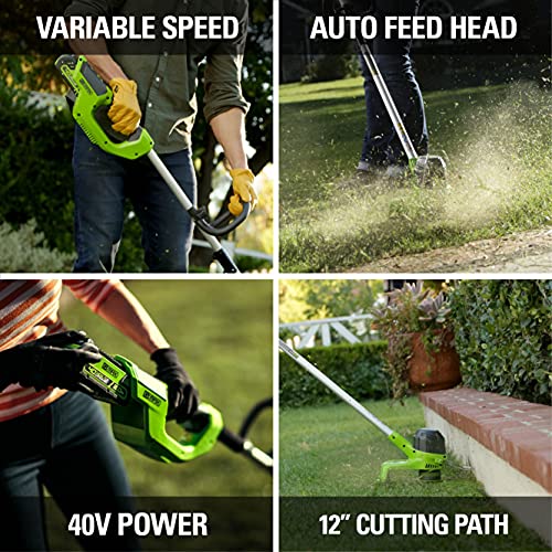 Greenworks 40V 12 in Cordless String Trimmer, 2.0 Ah Battery and Charger - size: 12" (Battery Included), style: String Trimmer