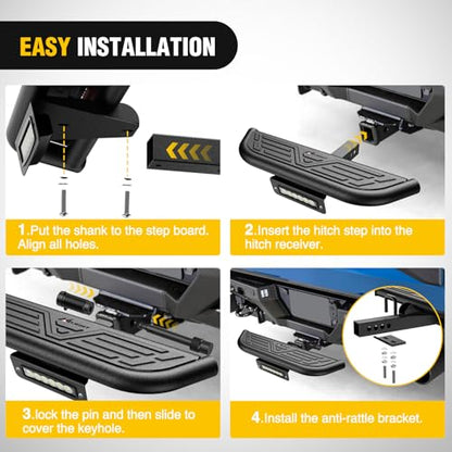 Nilight Aluminum Slip-Proof Nerf Steps 4Pcs Black for Pickup Trucks - color: Hitch Step w/Led Light