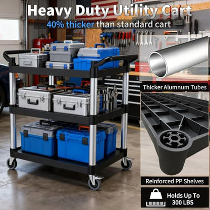 Plastic Utility Carts with Wheels, 3-Tier Rolling Cart, Restaurant Cart - size: 31.5"×16"×38" S