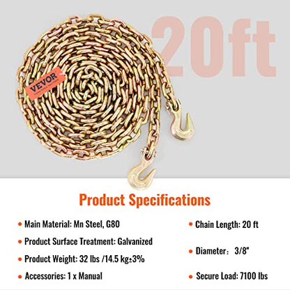 VEVOR Transport Binder Chain, 3/8''x20' Tow Chain with Grab Hooks 7100lbs - size: 3/8 Inch, style: 1 Pack