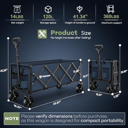 HIKEMOON 34'' Extra Long Folding Portable Wagon Cart, 120L 360LBS Blue - color: Navy Blue