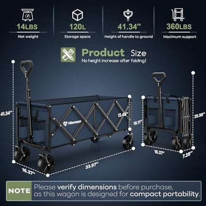 HIKEMOON 34'' Extra Long Folding Portable Wagon Cart, 120L 360LBS Blue - color: Navy Blue