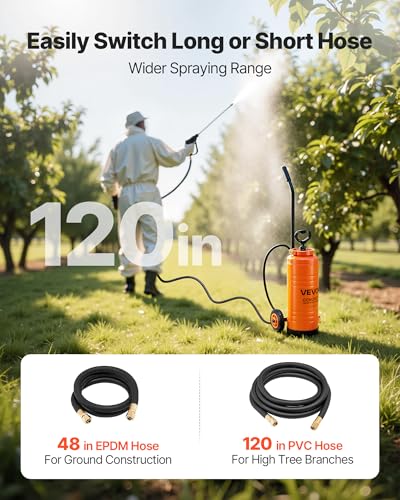 VEVOR Industrial Concrete Sprayer with Wheeled Cart, 3.5 Gallon Stainless Steel Sprayer, Heavy Duty Tri-Poxy Pump Sprayers, 20.5"Wand, 48" & 120"Hoses, 2 Brass Nozzles for Construction, Lawn & Garden - size: 3.5 Gal with Cart