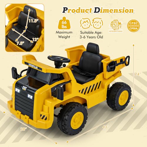 Costzon Ride on Dump Truck, 12V Licensed Caterpillar Kids Electric Vehicle W/Remote Control, Megaphone, Shock Absorbers, Dump Bed, MP3, Ride on Construction Vehicle for Kids, Gift for Boys Girls 3-6