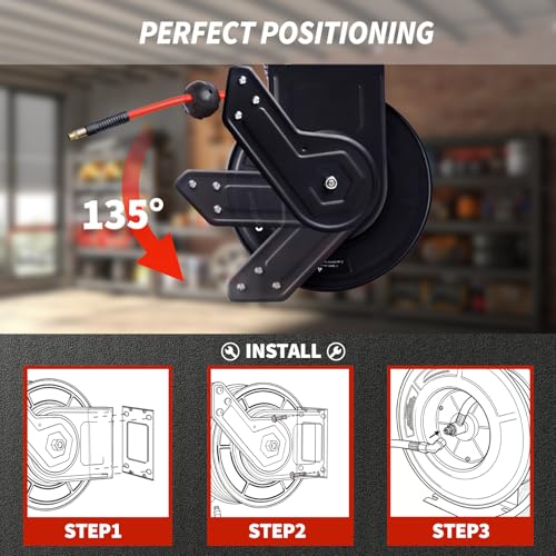 Retractable Air Hose Reel 50 FT | 300 PSI Air Compressor Hose Reel | 3/8 Hybrid Polymer Hose | Heavy-Duty Steel Wall Mount Swivel Bracket|Auto Rewind | All-Weather Retractable Air Hose - Red