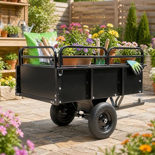 ALMULOO Heavy Duty Trailer Dump Cart Universal 750LBS 15 Cu.Ft Tow Behind