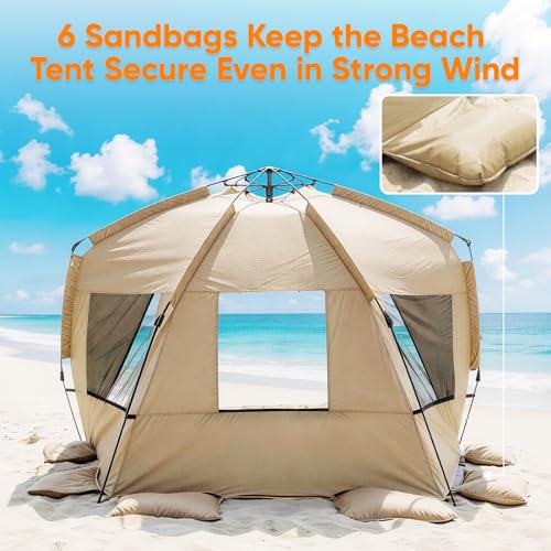 Golabs BT1 Pop up Beach Tent for 3 Person, 1-Min Setup by Pre-Attached Pole - color: CAMEL